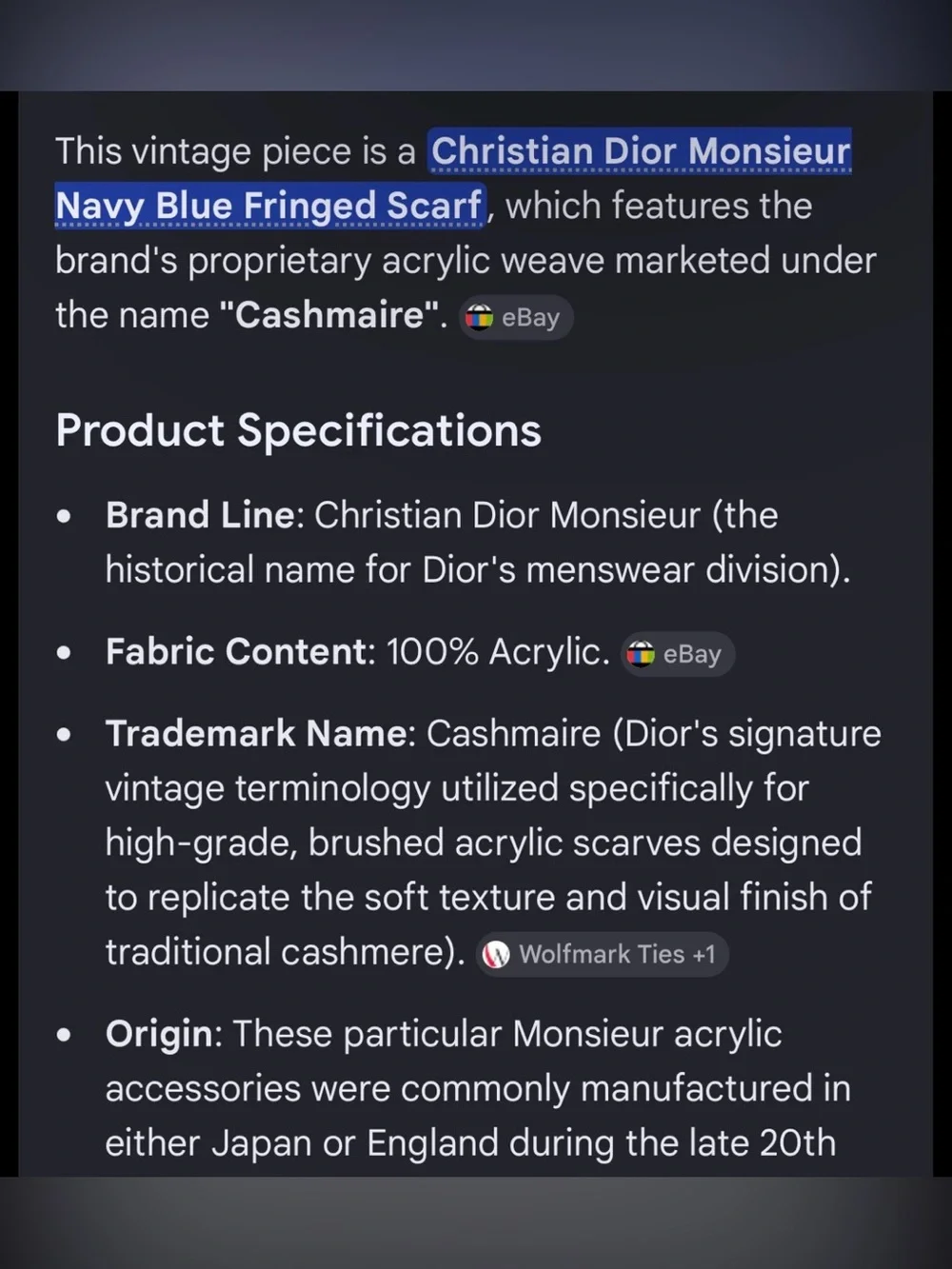 Dior Navy Blue Fringed Scarf